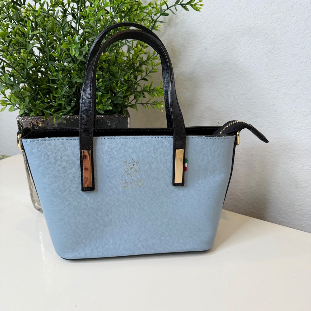 Vera Pelle Handbag Womens Blue Black‎ Saffiano Leather Italian Mini Tote Small
